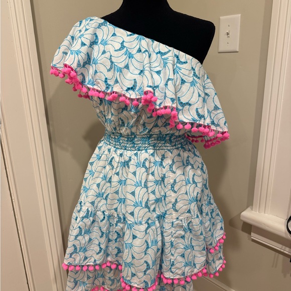 Lilly Pulitzer Dresses & Skirts - Lilly Pulitzer Blue Leaf-Print One-Shoulder Dress with Pink Pom-Pom Trim
